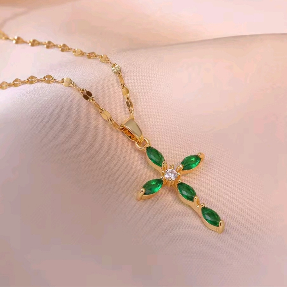 Gold Emerald Green Crystal Cross Necklace Stainless Steel Dainty Easter Jewelry